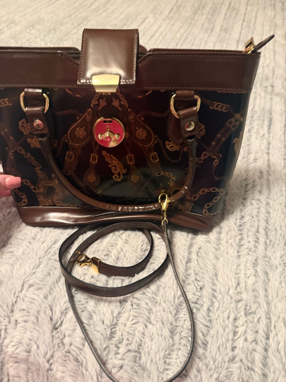 Calja Brown Patterned Tote Satchel with Gold Lock Accent